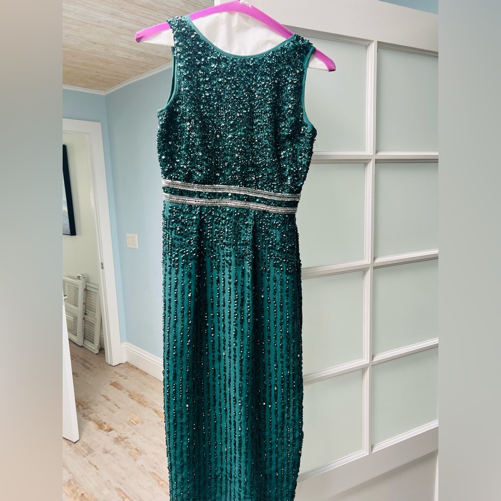 Mac Duggal Green Sequin Sheath Dress for Wedding Guest